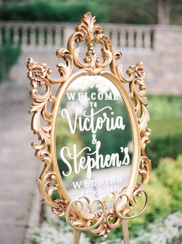 vintage mirror wedding sign with gold frame