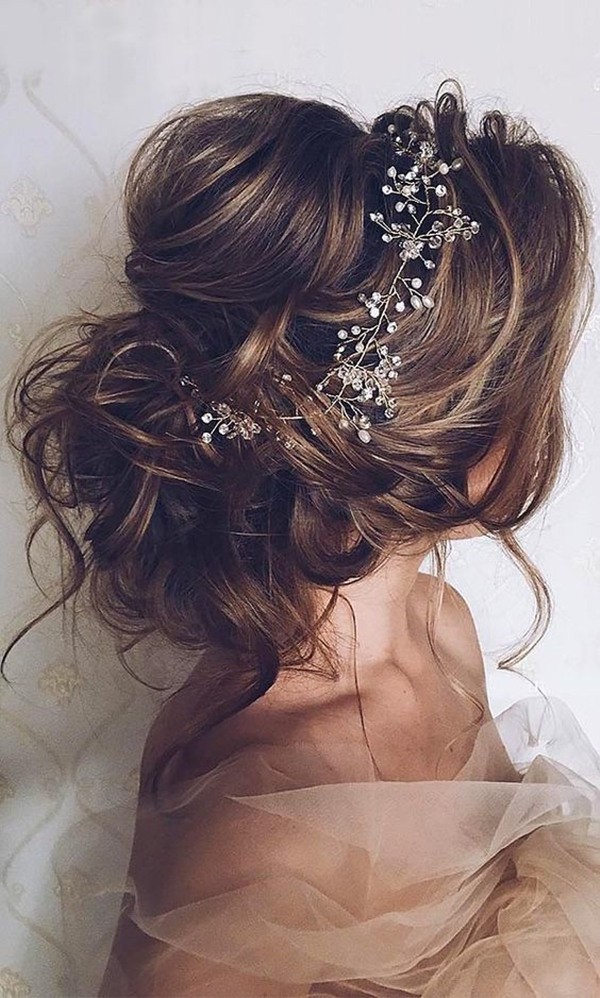 romantic updo wedding hairstyles for long hair with headpieces