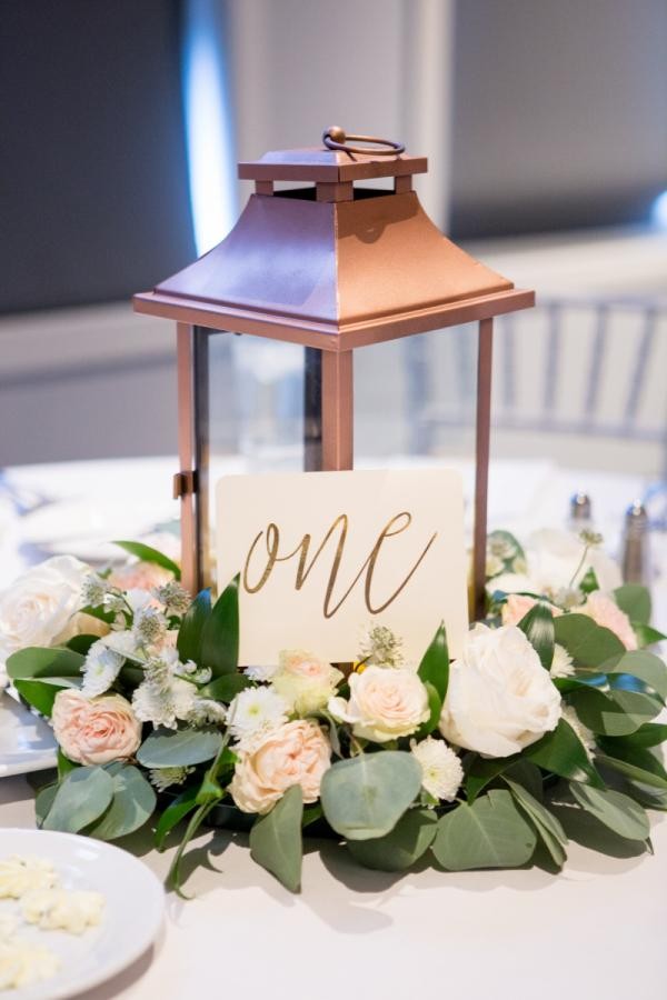 copper lantern wedding centerpiece ideas with table number
