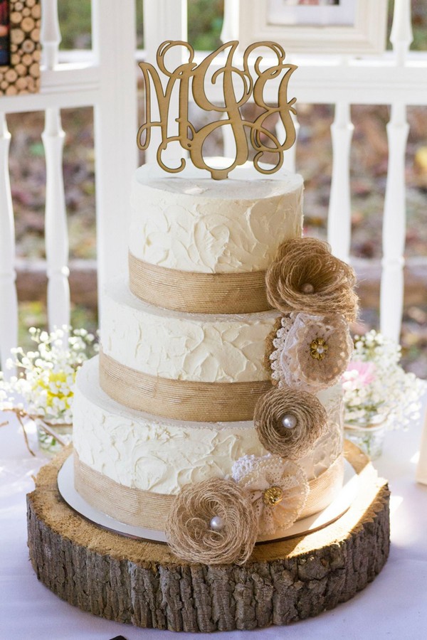 lace and burlap rustic wedding cake ideas