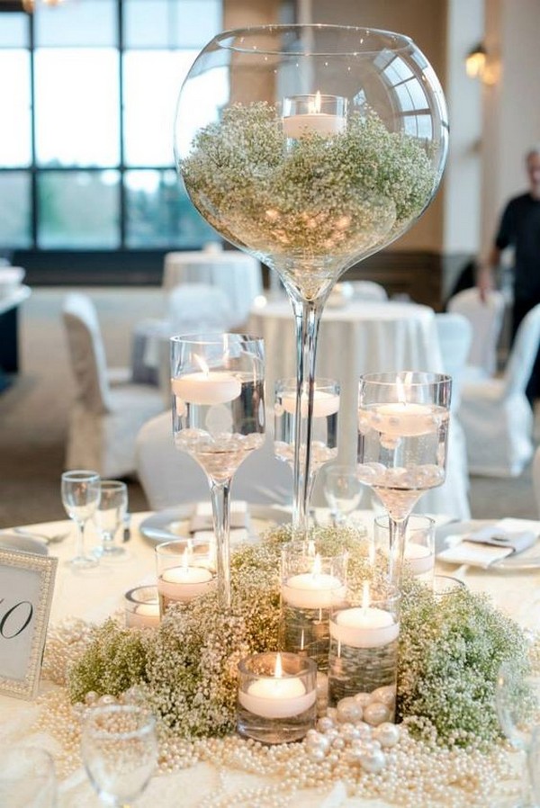 baby's breath tall wedding centerpiece ideas with floating candles