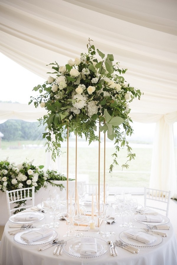 eucalyptus and olive branch tall wedding centerpiece ideas