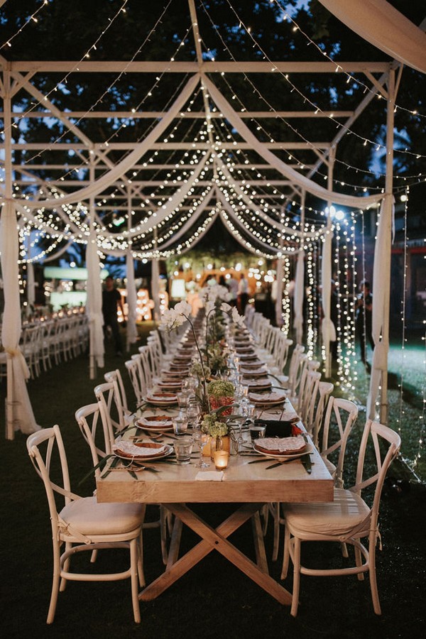 incredible wedding reception decorations with string lights
