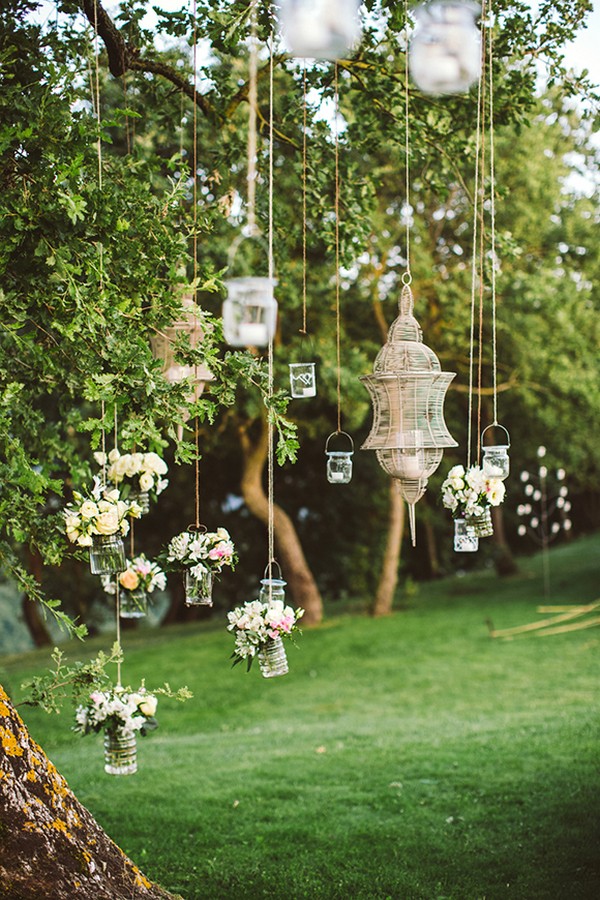 garden wedding hanging decoration ideas with tin cans and mason jars