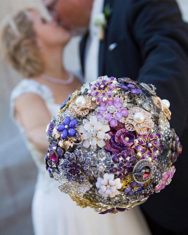 purple and blue dazzling wedding brooch bouquet