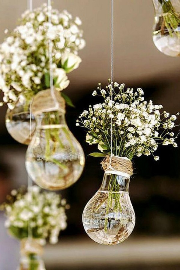 wedding hanging decorations with edison bulbs and baby's breath