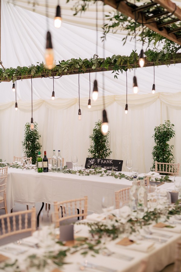 white and green wedding ideas with hanging edison bulb lights