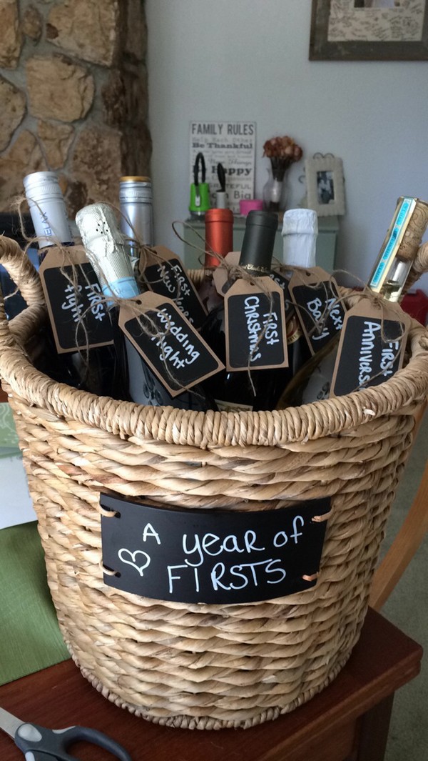 A year of firsts with bottles of wine bridal shower gift ideas