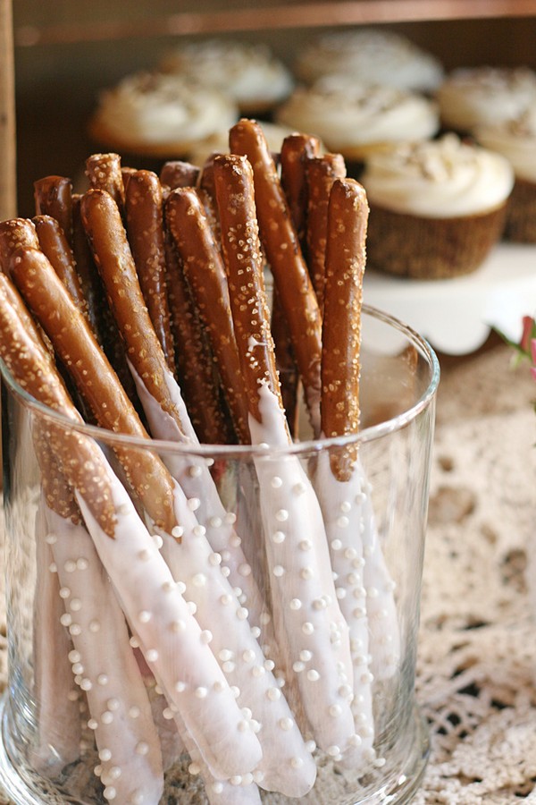Chocolate dipped pretzel rods wedding dessert ideas