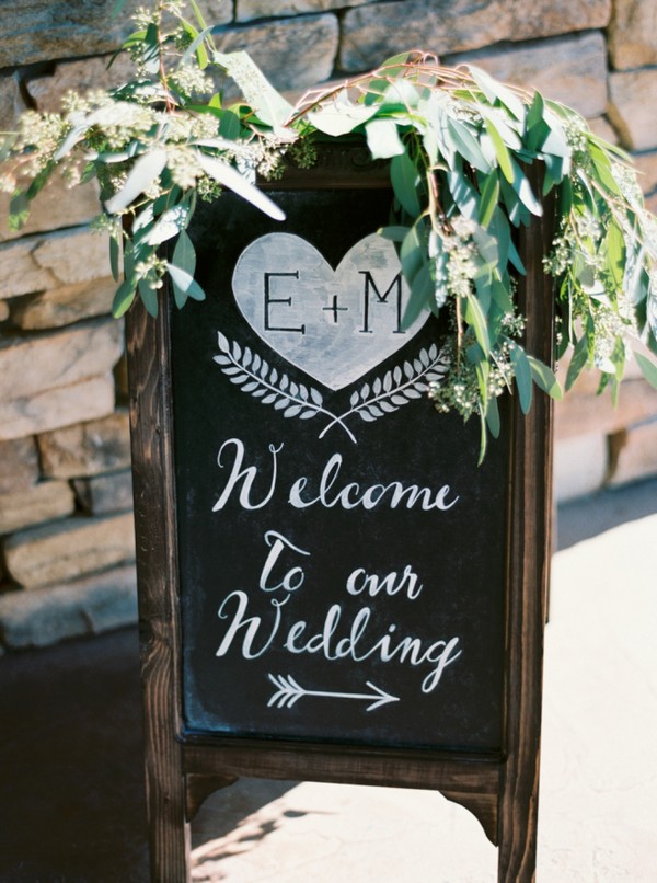 chic chalkboard wedding sign ideas decorated with greenery