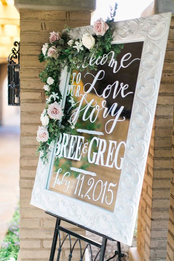 floral decorated mirror wedding sign ideas