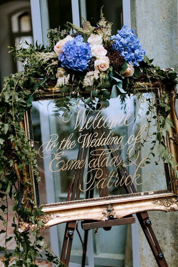 floral decorated vintage mirror wedding sign ideas