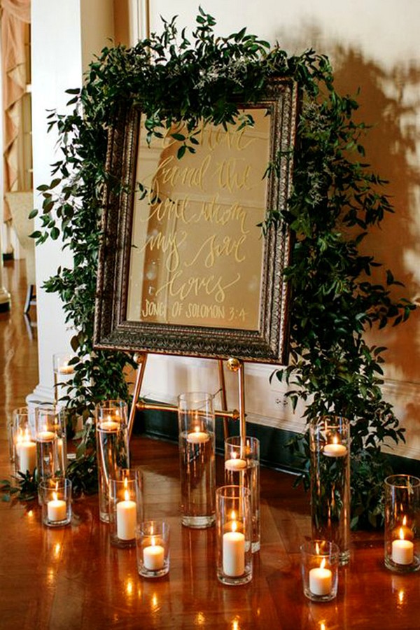 greenery decorated vintage mirror wedding sign ideas