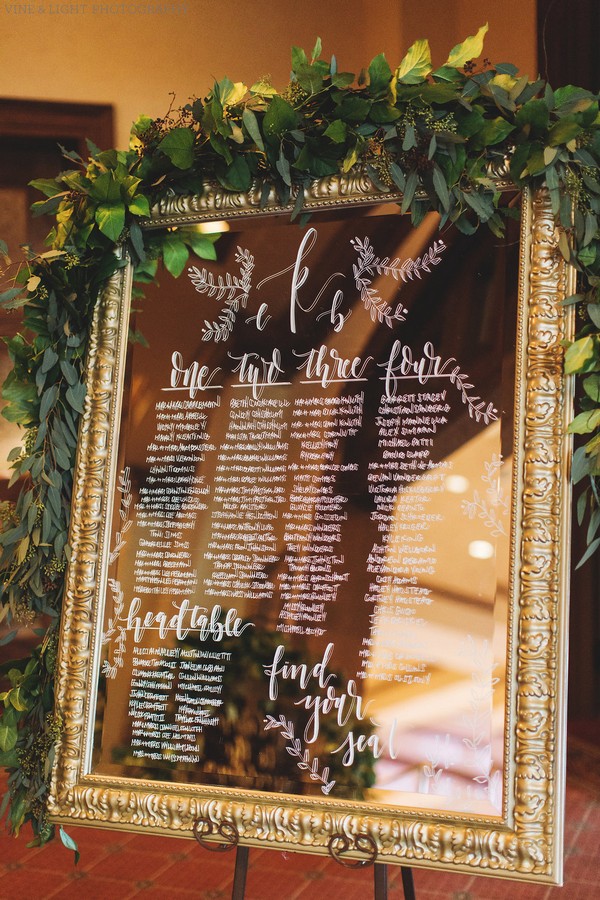 mirror wedding seating chart sign features hand calligraphy