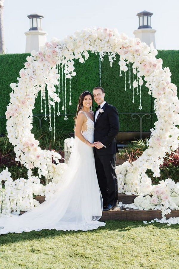 romantic pink and white flower circular wedding arch ideas