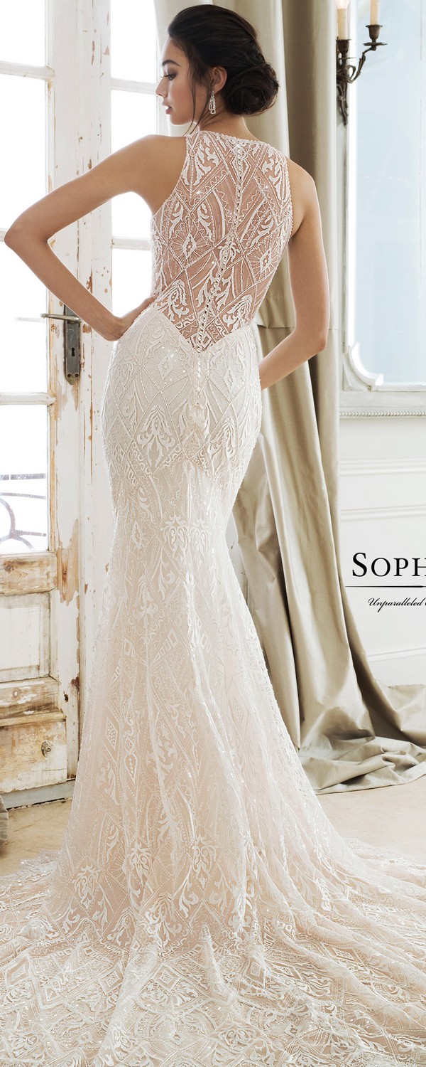 Sophia Tolli lace wedding dress with high jewel neckline back view