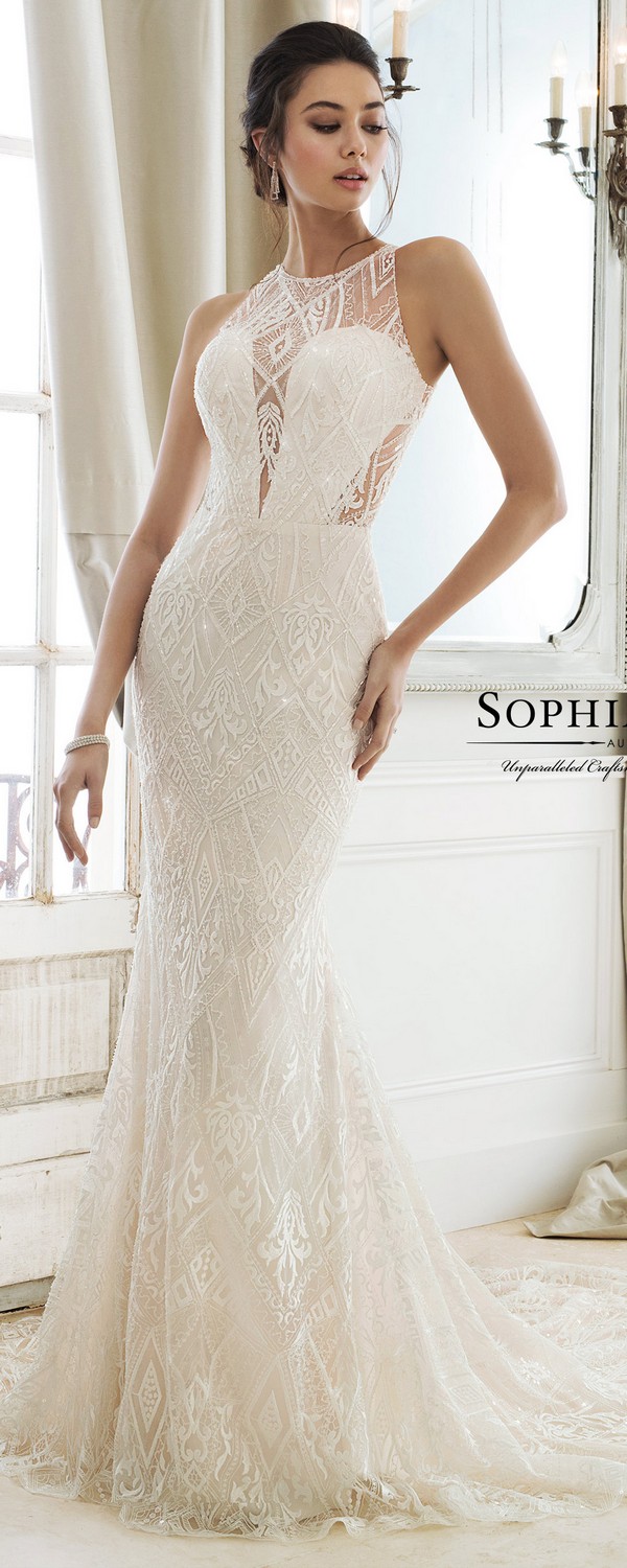 Sophia Tolli lace wedding dress with high jewel neckline