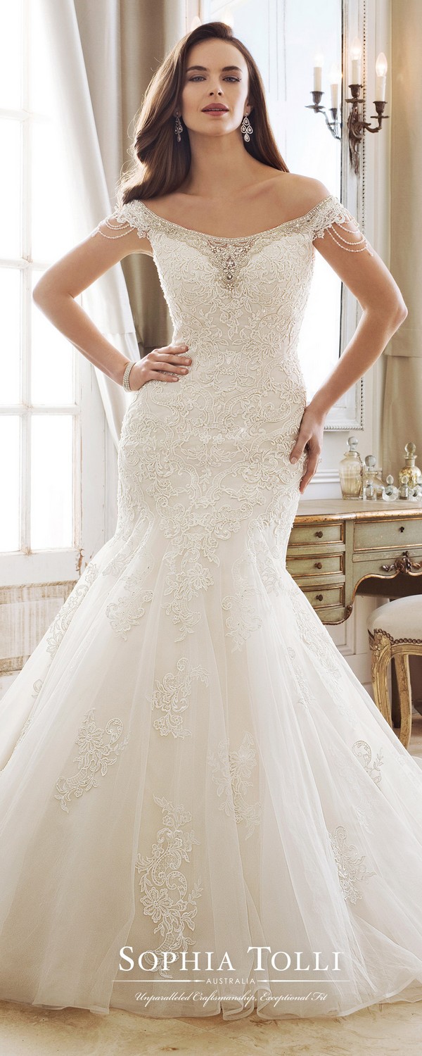 Sophia Tolli off the shoulder wedding dress with pearl and crystal beading