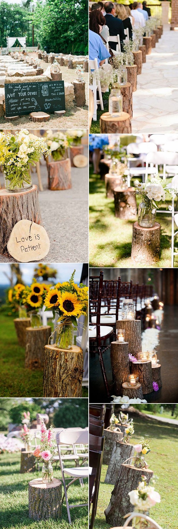country rustic wedding aisle decoration ideas with tree stumps