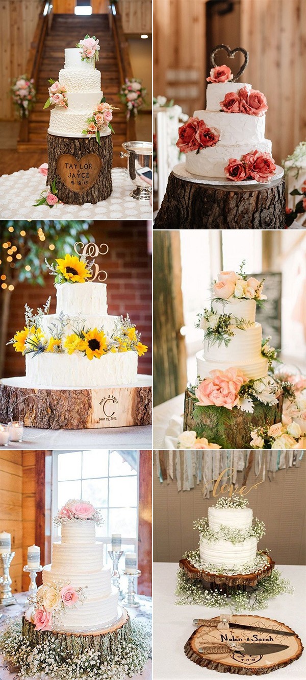 country rustic wedding cakes with tree stump stands