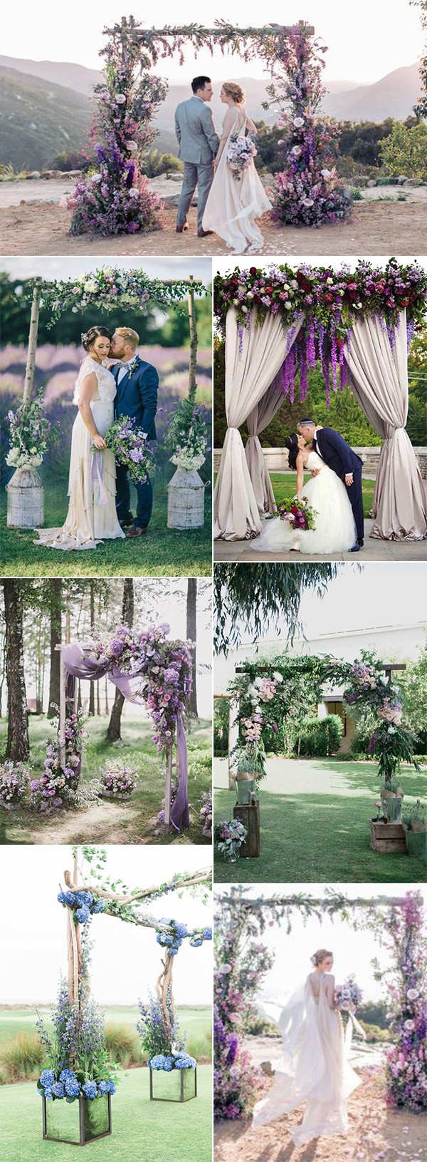 Lavender wedding arch decoration ideas with greenry, dusty blue and light pink shades.