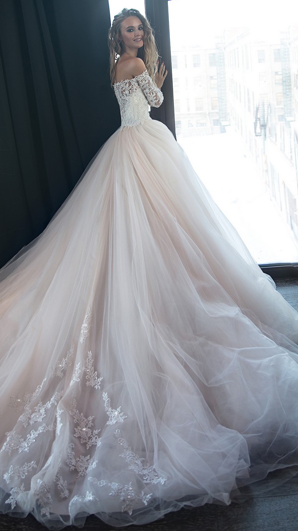 Olivia Bottega long lace sleeves off the shoulder wedding dress back view
