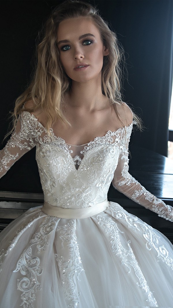 Olivia Bottega off the shoulder wedding ball gown with long lace sleeves detail
