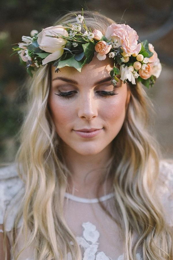 boho wedding hairstyles with flower crown
