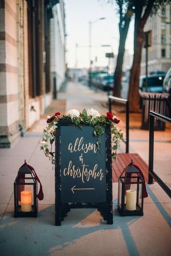 chic chalkboard sign and lanterns wedding reception entrance decoration ideas