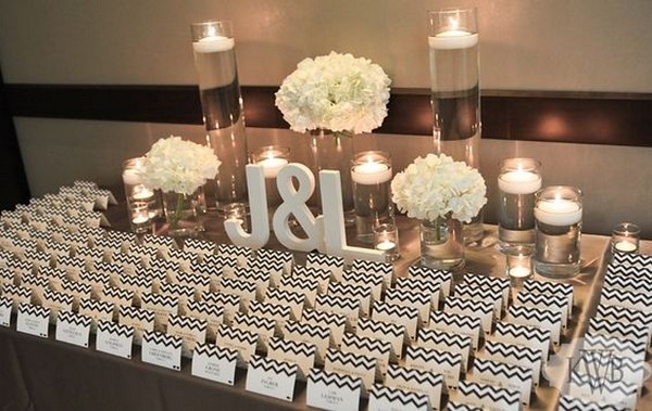 elegant wedding escort card table with floating candles