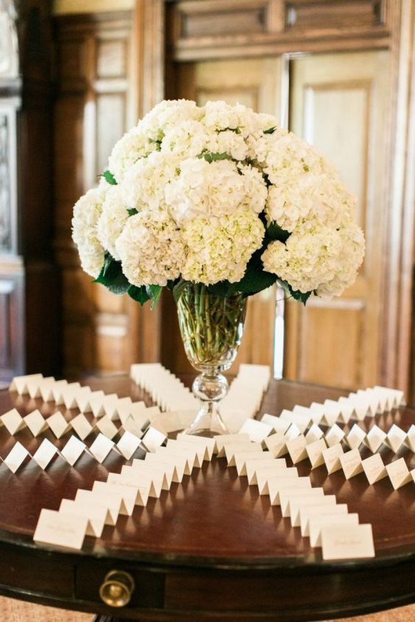 elegant wedding escort card table with hydrangea