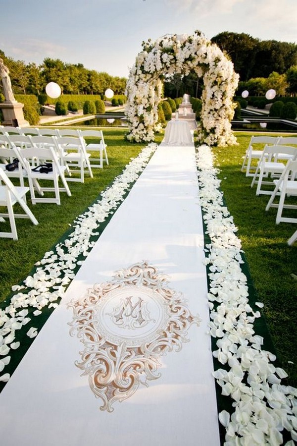 floral lined all white wedding aisle ideas