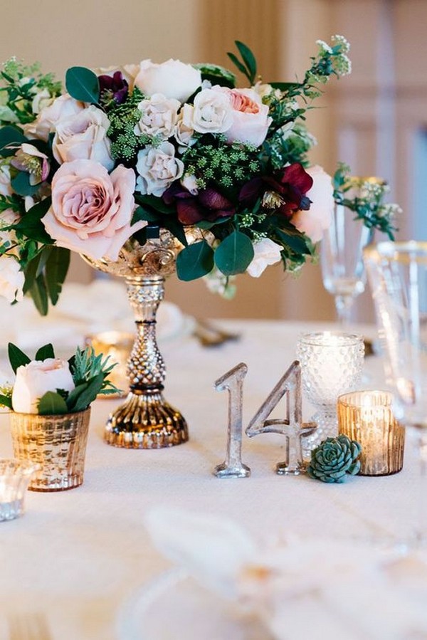 chic vintage gold wedding centerpiece with candlestick