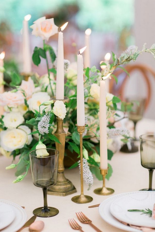 chic vintage wedding centerpiece with gold candlestick