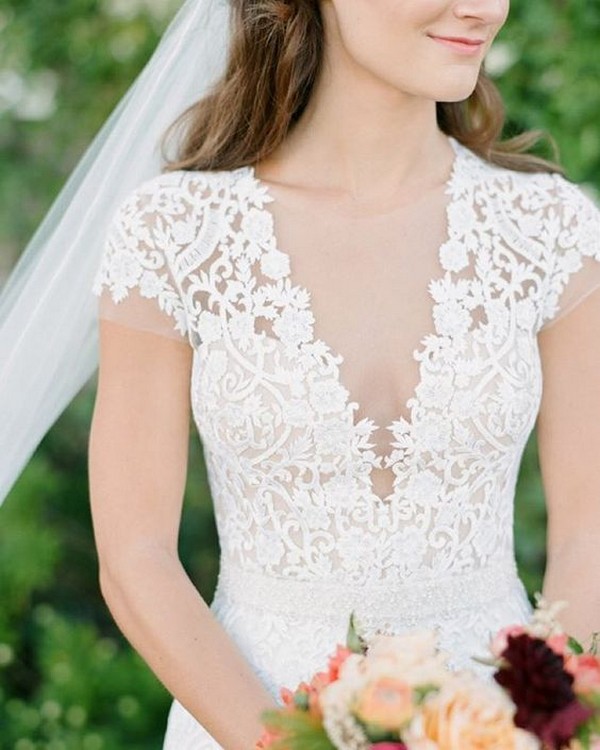 deep v neck lace wedding dress with cap sleeves