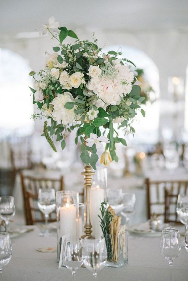 elegant greenery wedding centerpiece with gold candlestick