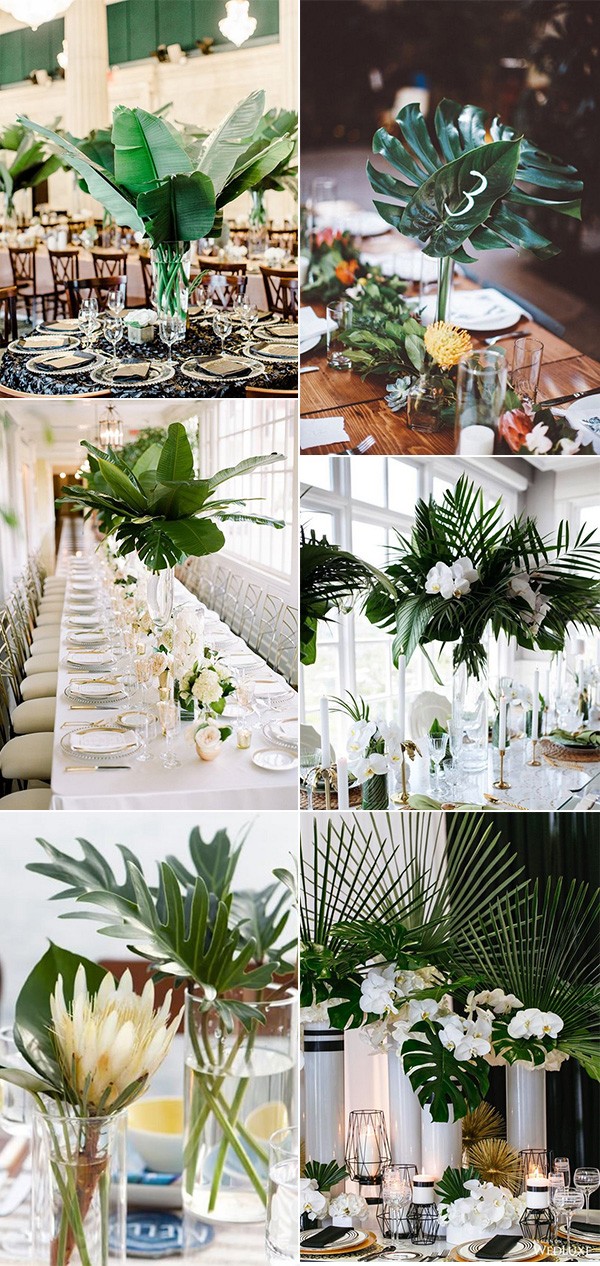 greenery tropical wedding centerpieces with palm leaves
