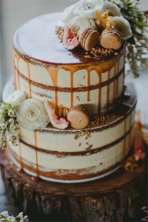 semi naked fall wedding cake with Macarons