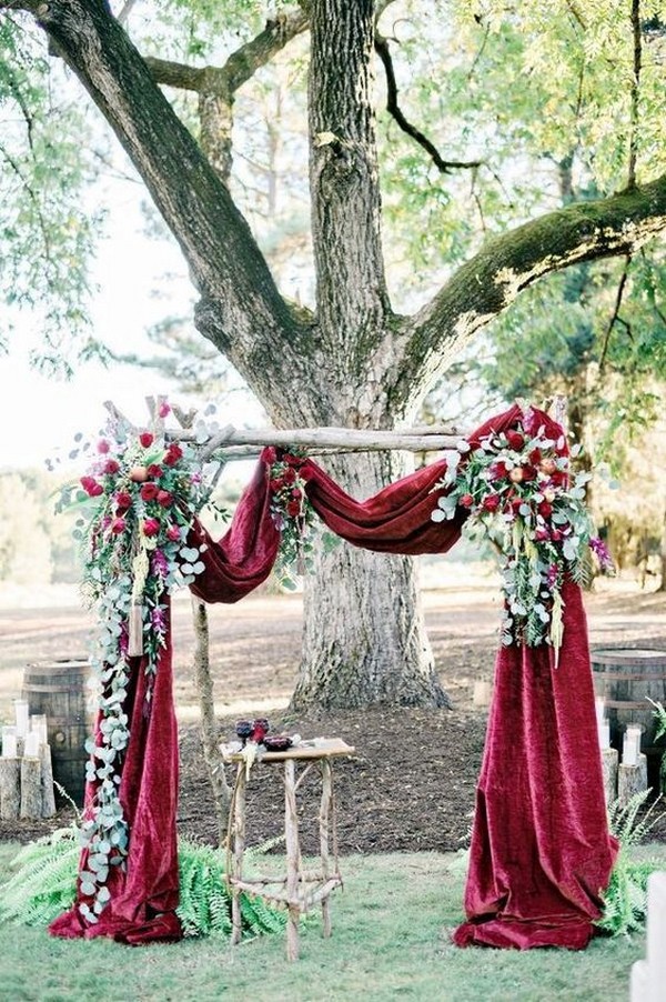 burgundy and greenery fall wedding arch ideas