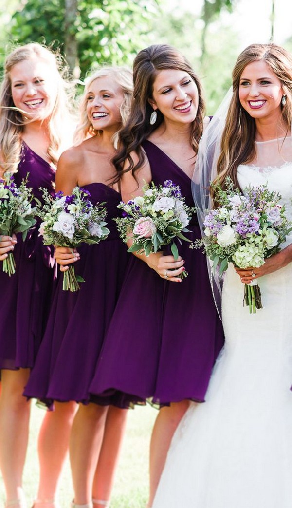 eggplant purple short bridesmaid dresses