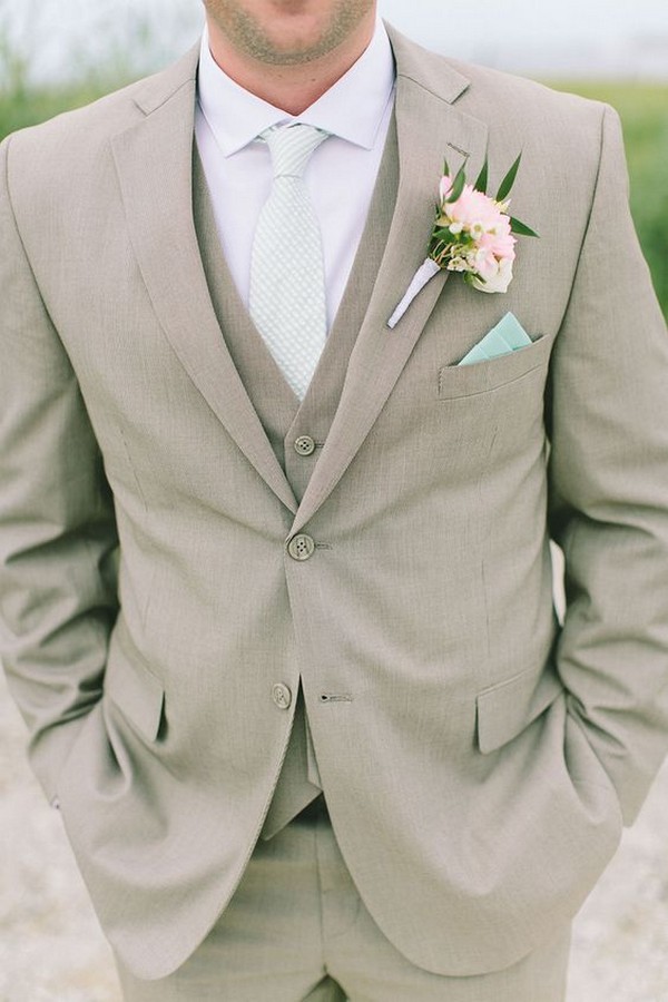 grey groom wedding suit with pink floral