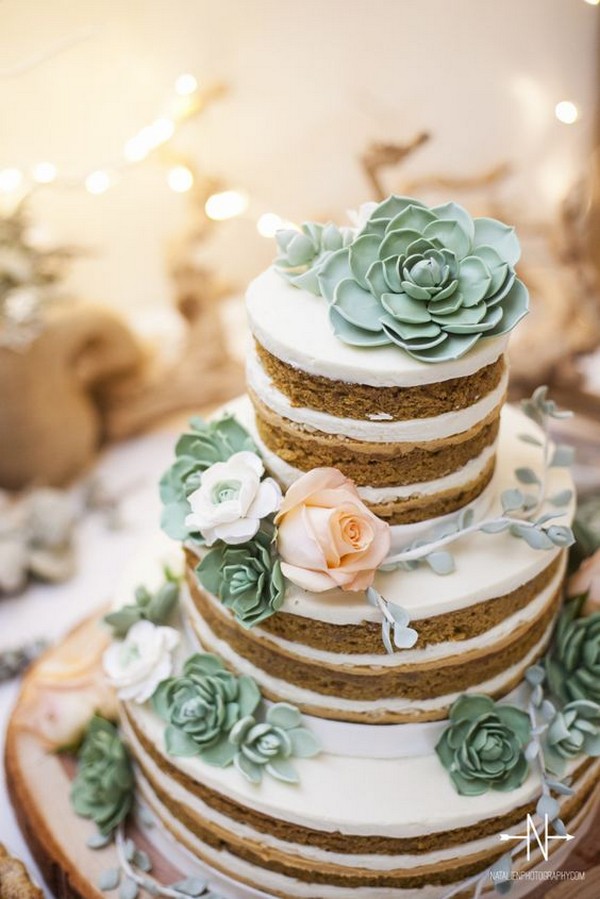 naked wedding cake with succulents