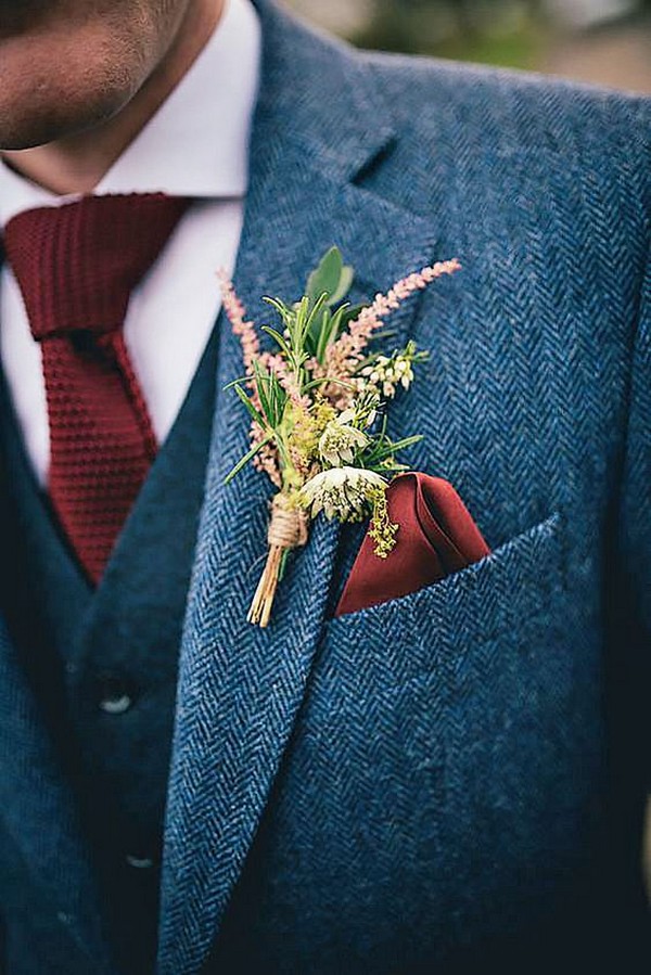 navy and burgundy groom wedding suit for fall and winter