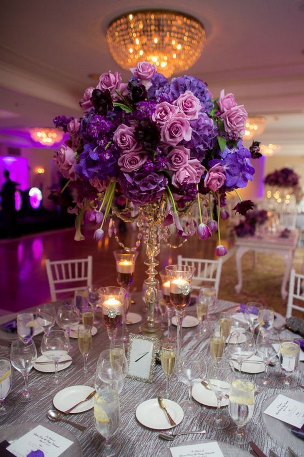 shades of purple tall wedding centerpiece