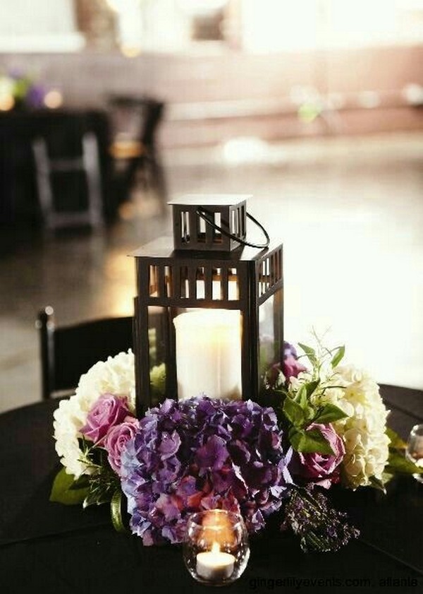shades of purple wedding centerpiece with lanterns 2