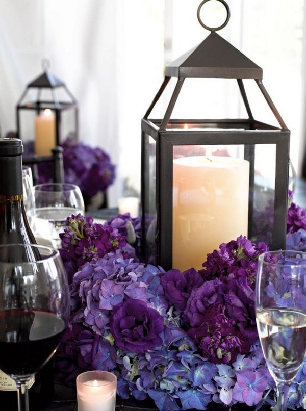 shades of purple wedding centerpiece with lanterns