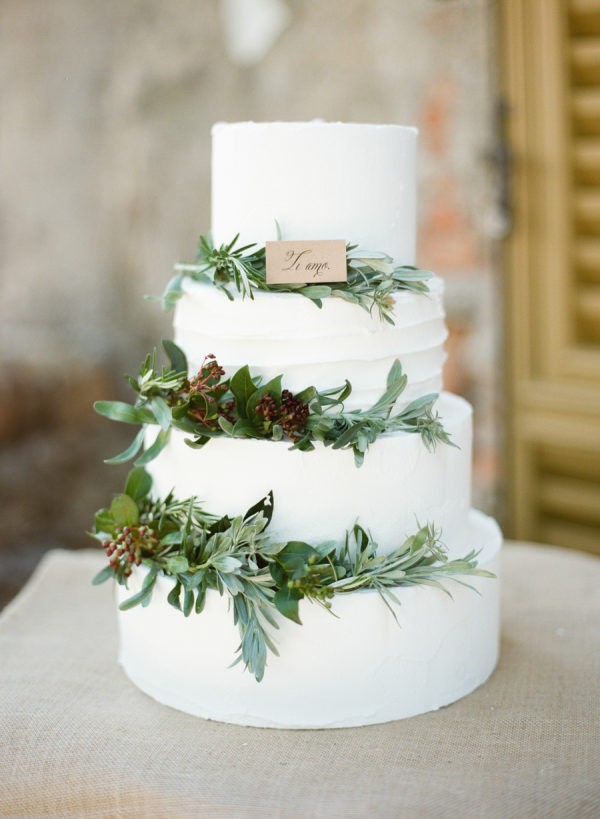white and greenery winter wedding cake