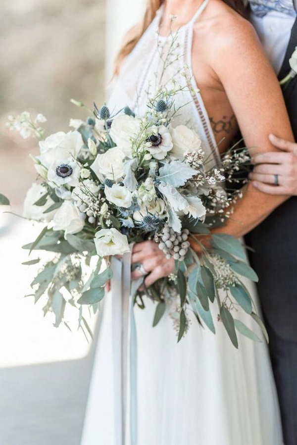 Eucalyptus, anemone and lamb's ear wedding bouquet