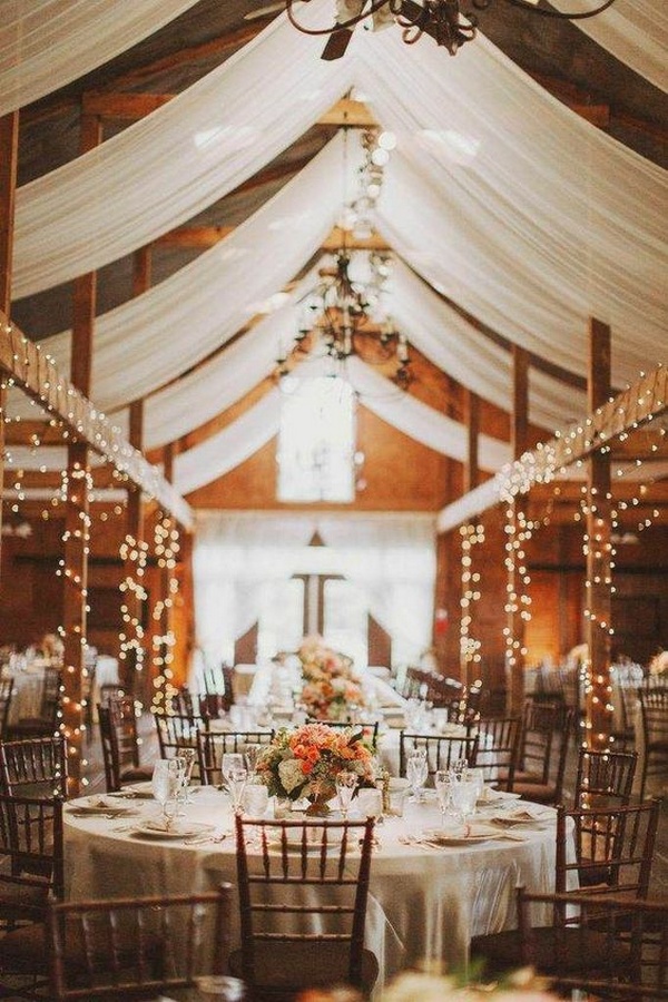 barn wedding reception ideas with lights and fabric