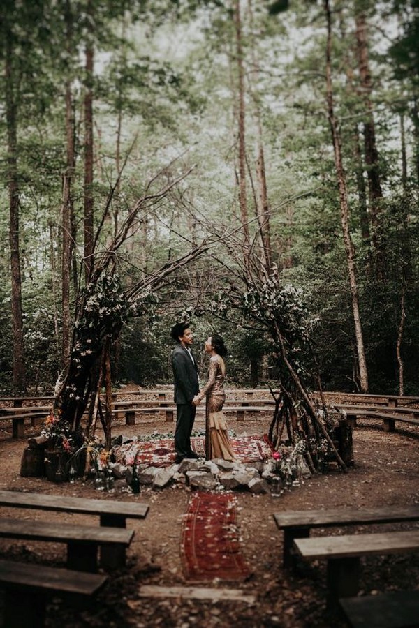 bohemian forest inspired wedding ceremony